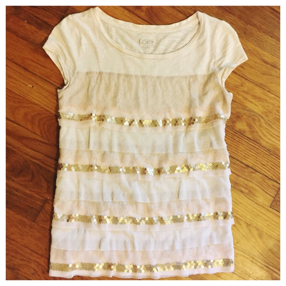 Ann Taylor Loft Ruffle Tiered Lace Sequin Tee SP